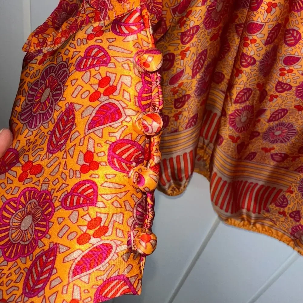 Lolita‎ Jaca St Barth Top Womens Small Silk Long Sleeve Orange/Red Elastic Waist - Picture 9 of 9